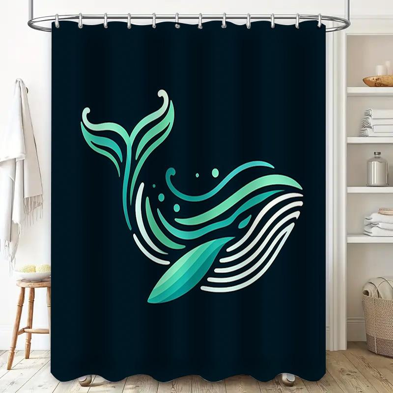 Blåval Duschdraperi Badrumsdekor Vattentätt Tyg Grön och Vit Design Tryck av Hög Kvalitet Perfekt Gåva till Familjer