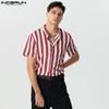 INCERUN Camisetas de verano para hombre, con cuello de solapa, manga corta, a rayas, con botones