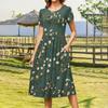 Women's Fashion Casual Loose Floral Print Round Neck Pocket Short Sleeve Dress