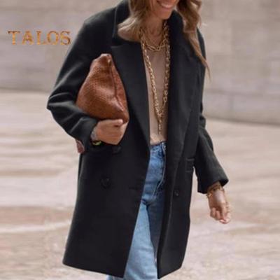 Women Winter Overcoat Double-breasted Turn-down Collar Long Sleeves Buttons Cardigan Plus Size Mid Length Outdoor Woolen Coat