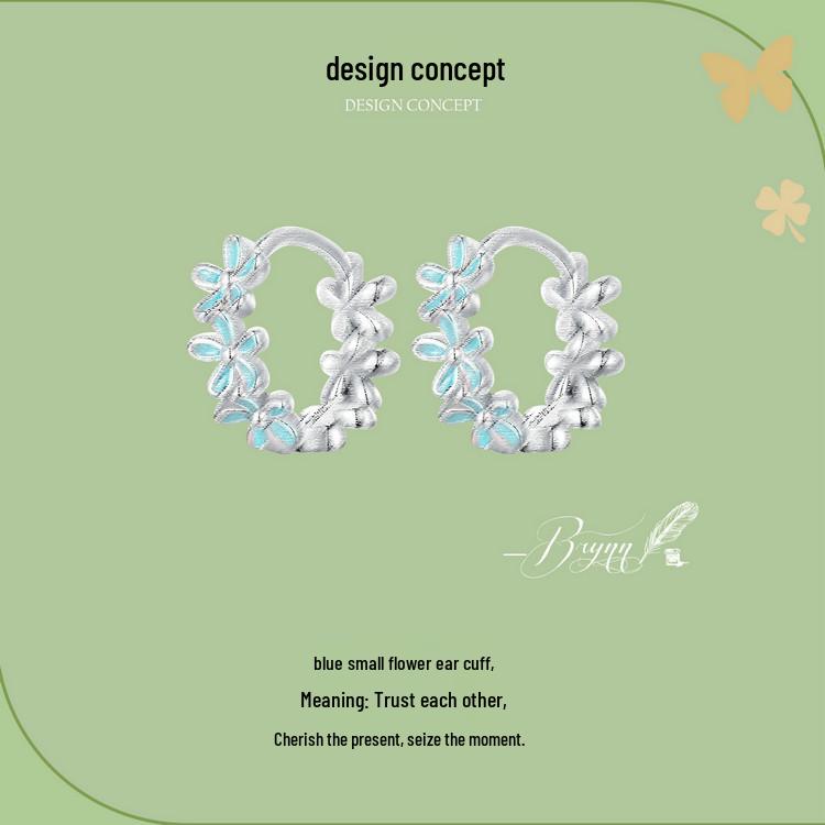 Aifuluo Autumn S925 Sterling Silver Blue Flower Ear Cuff Earrings for Women