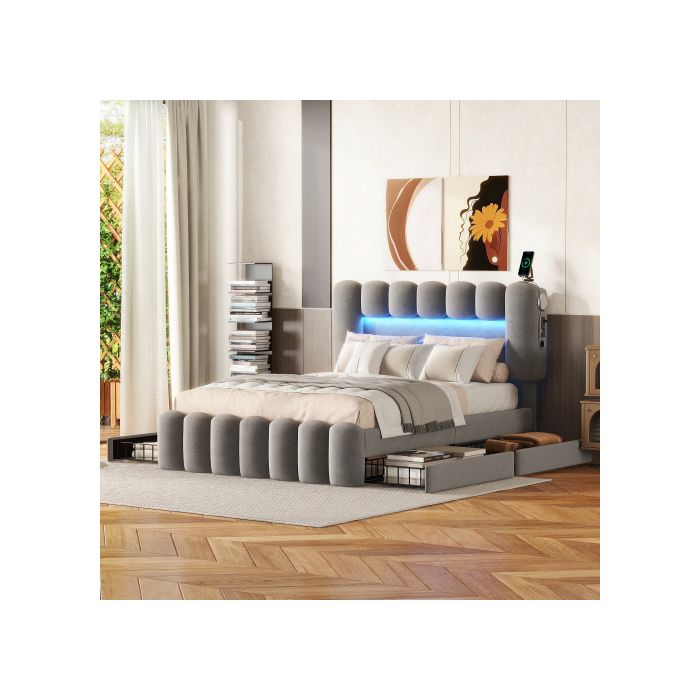 Lit rembourré - MUVOE - 140x200 cm - 4 tiroirs - USB - LED stéréo - Gris