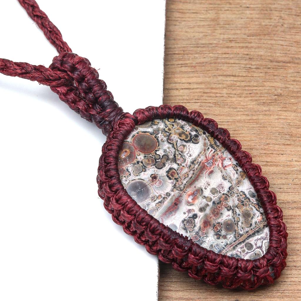 Jasper Leopard Skin Jewelry Necklace Gemstone Macrame Thread Handmade 20-36''Ad