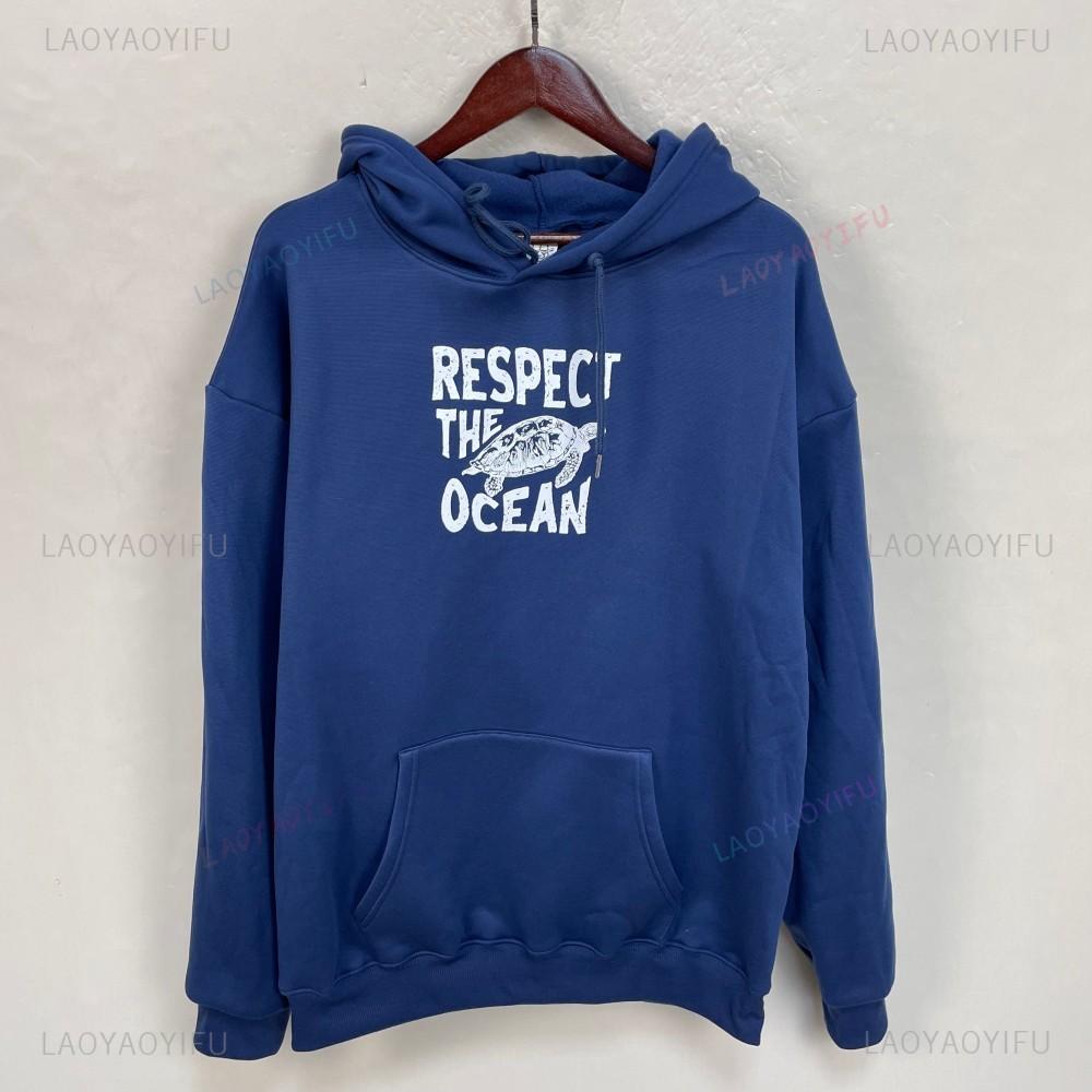 Respect The Ocean Hoodie - Ocean Surf Hoodie Carolina Blue Hoodie Words on Back Turtle Sweatshirt for Outdoor Enthusiasts