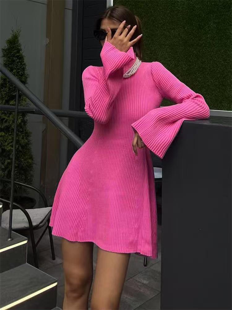 

High Neck Long Sleeve Knitted Bodycon A-Line Dress - Autumn/Winter 2025 Collection Medium рожевий червоний колір