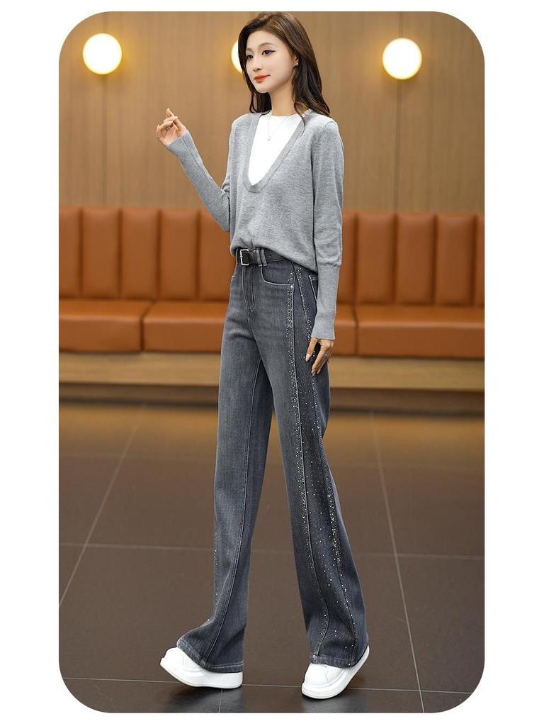 Retro Blue Rhinestone High-Waist Straight Leg Jeans for Women - Stylish, Versatile, Slimming Pants for Spring, Autumn, and Winter 2026
