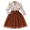 Girls' Fashion Long-sleeved Floral Print Mesh Dress with Belt Spring/summer Casual Dress for Children