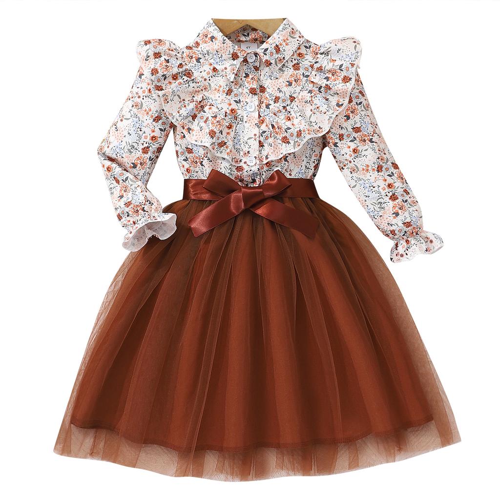 Girls' Fashion Long-sleeved Floral Print Mesh Dress with Belt Spring/summer Casual Dress for Children