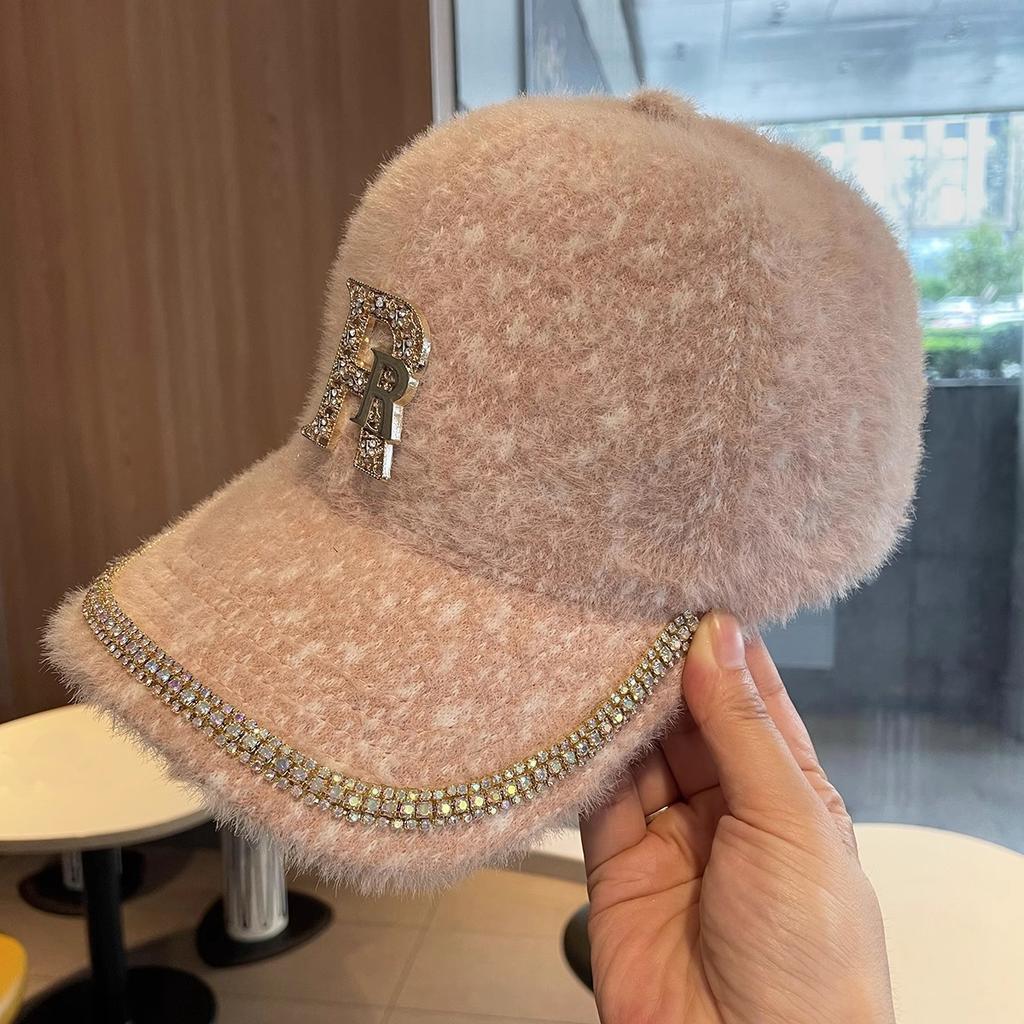 Rhinestone Alphabet Baseball Cap Women's Autumn and Winter Plush Warm Hat Fashion Versatile Mink Hair Cap