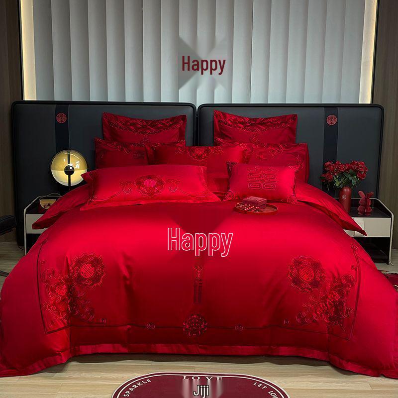 G5Z Κινεζικού Στυλ Κεντητό Κόκκινο Σετ Κλινοσκεπασμάτων Γάμου - Εορταστικό Τετραπλό Σετ με Παπλωματοκάλυμμα για Νιόπαντρα