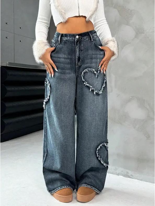 Vintage Heart Patchwork Frayed Edge Wide-Leg Women s Denim Pants M