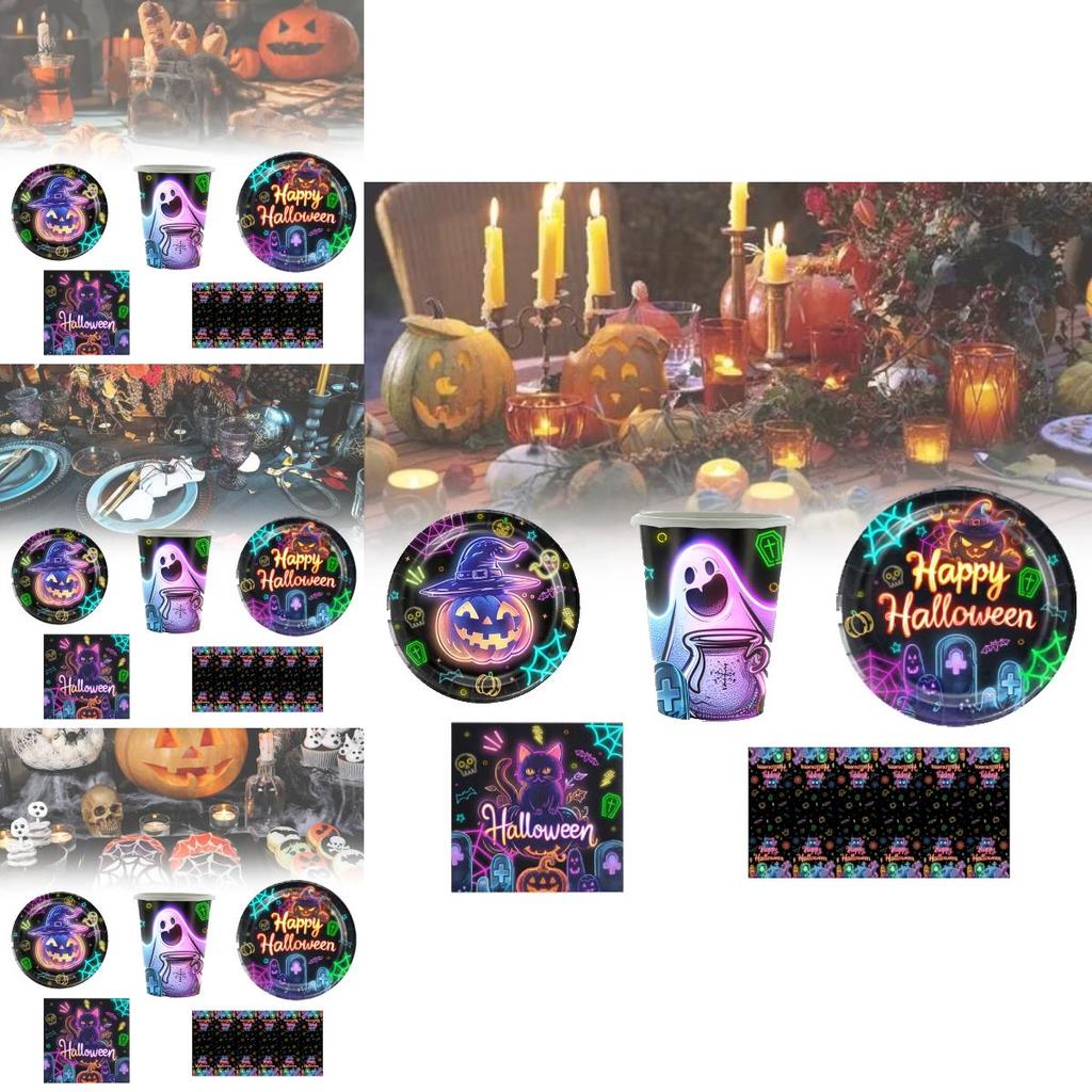 Spooky Halloween Themed Disposable Dinnerware Set For 12 Includes Paper Plates Cups Napkins And Table Cover