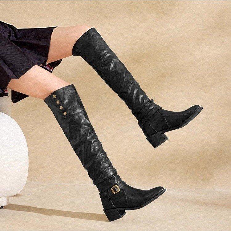 

Women S Leather Pu Knee High Boots Fashion Folding Slip On Winter High Boots Casual Low Heels White Black Long Slim Boots Ladies 35