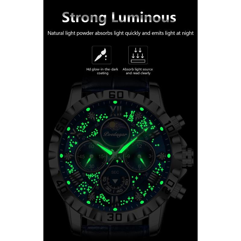 POEDAGAR Original Military Man Wristwatch Waterproof Luminous Chronograph Leather Strap Watches for Men Quartz Watch Reloj