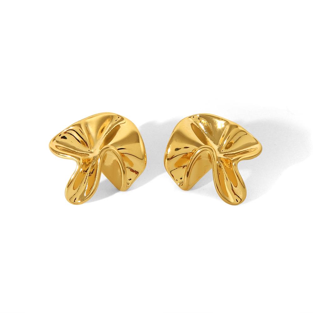 18K Gold Stainless Steel Irregular Pleated Flower Twist Stud Earrings - French Retro Style for Daily Wear