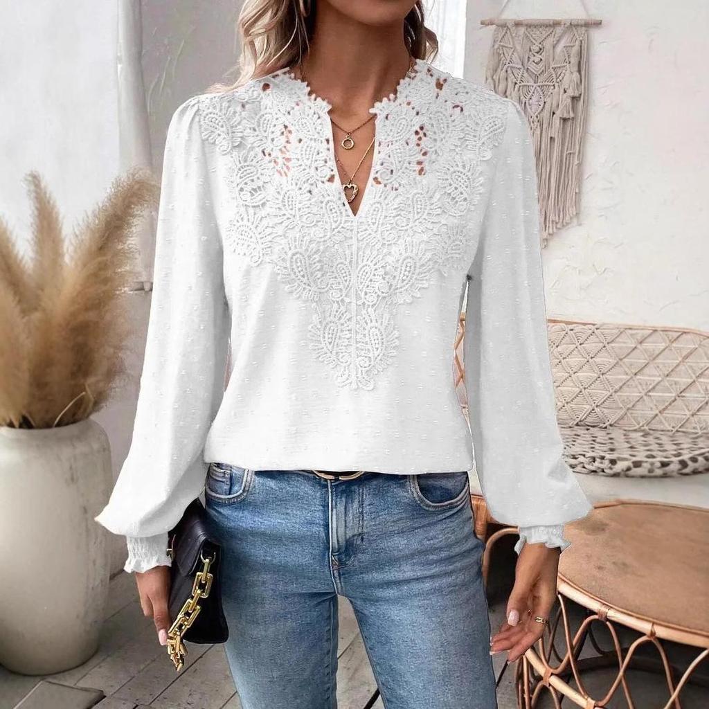 2024 Women's V-Neck Lace Solid Color Long-Sleeve Casual Top for Autumn and Winter.