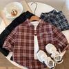 Boys Spring Autumn Plaid Long Sleeve Shirt Korean Casual Button Down Top For Kids