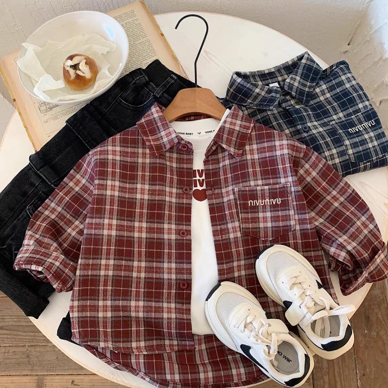 Boys Spring Autumn Plaid Long Sleeve Shirt Korean Casual Button Down Top For Kids