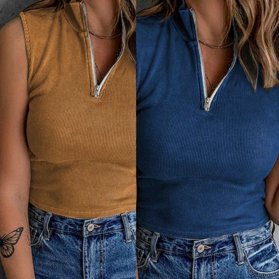 

Ребристый однотонный пуловер, верхняя часть с высоким воротником, женский сексуальный жилет на молнии с вырезом, женская одежда