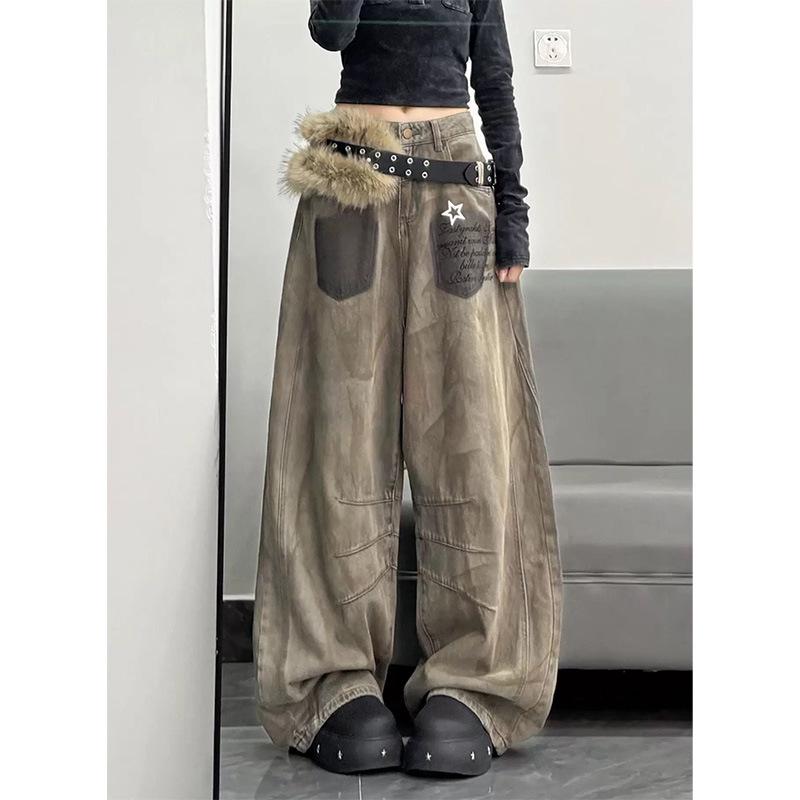 Women s Autumn Tie-Dye Wasteland Style Wide-Leg Denim Trousers Small хаки