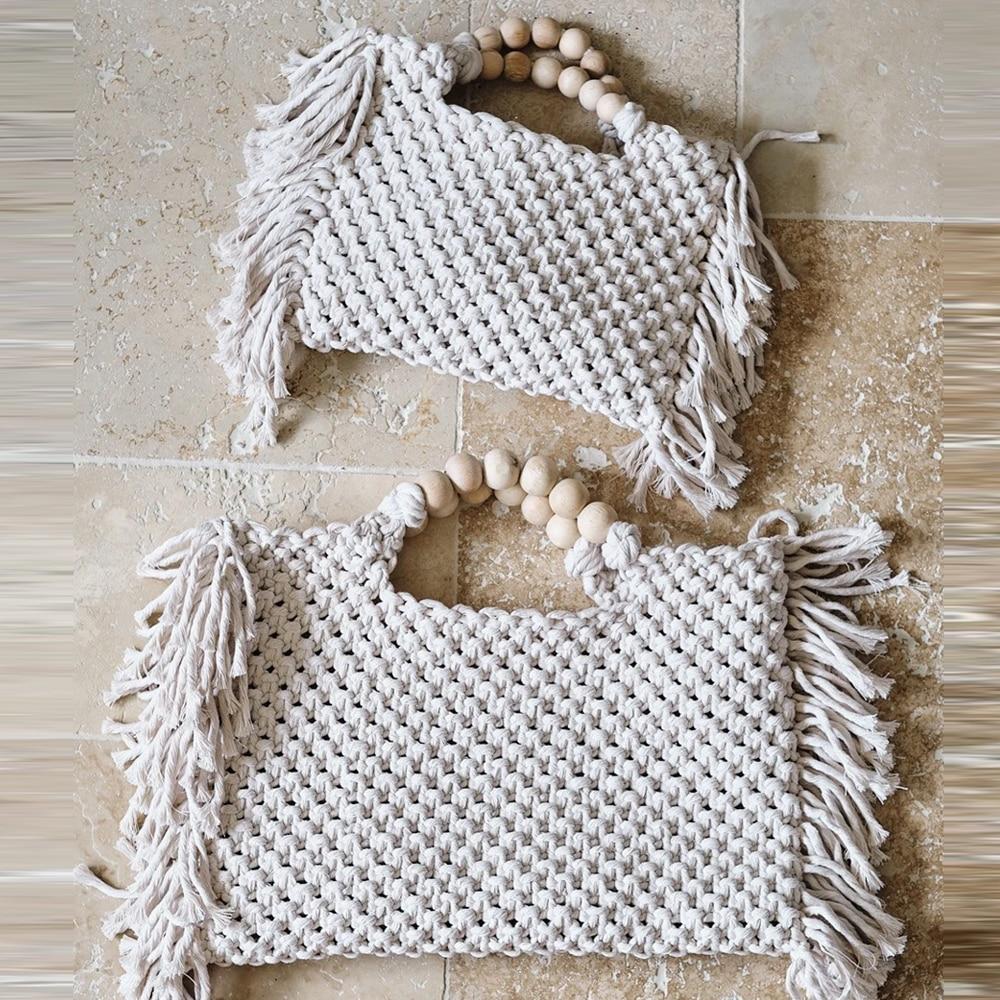 Female Tote Bags Large Capacity Luxury Designer Handbag For Women  Knitting Tassel Beading Decorate Purse Ladies Beach Bag