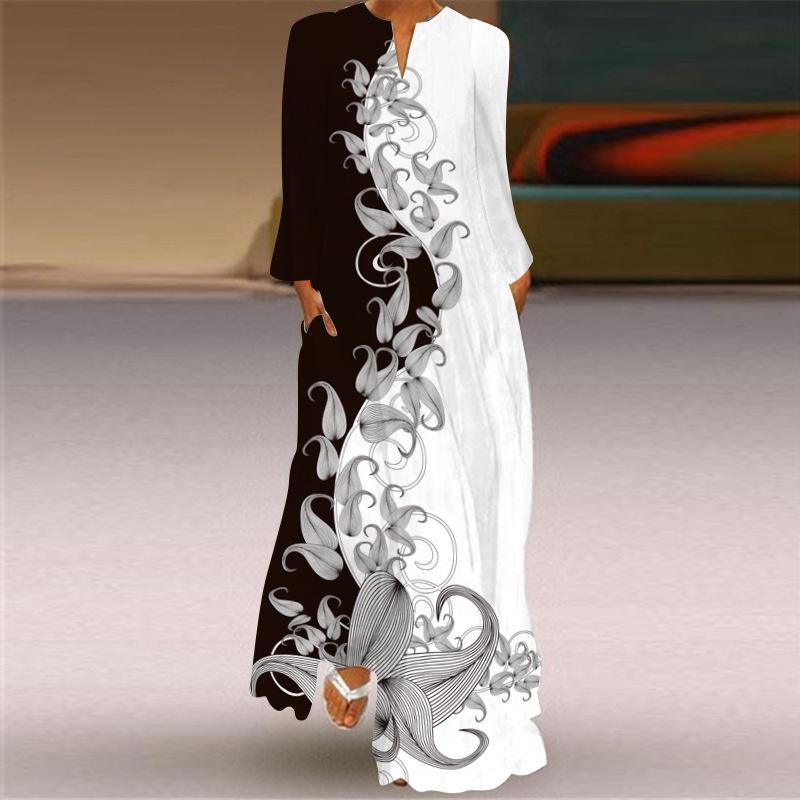 

Платье свободного кроя с V-образным вырезом и длинными рукавами, осень 2024 г., принт - европейский и американский стиль 5XL