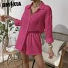 GMXIA Women's Spring and Summer Fashion Solid Colour Long-sleeved Shirt Suit Women Casual Loose Shorts Two-piece Set