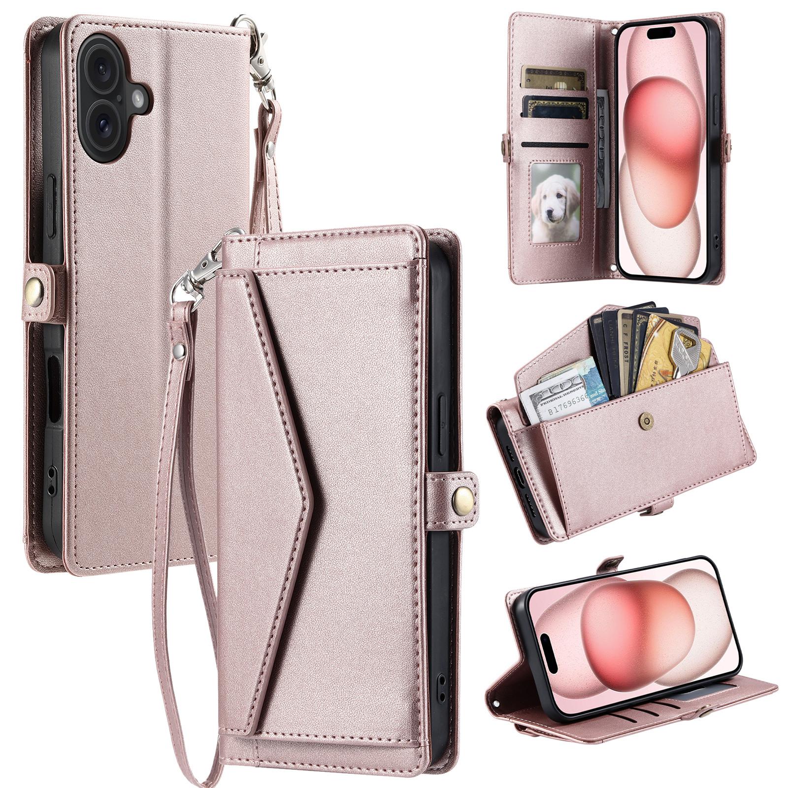 For iPhone 17 Leather Case with Wrist Strap Wallet Stand Phone Cover A