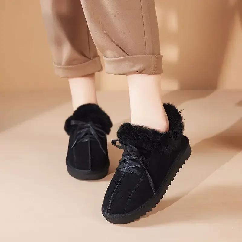 Fashion Women's Snow Boots Round Toe Suede Ankle Booties Brown Shoes for Woman Ribbons Bow Elegant with Low Heels Pu Plus Warm New Rock