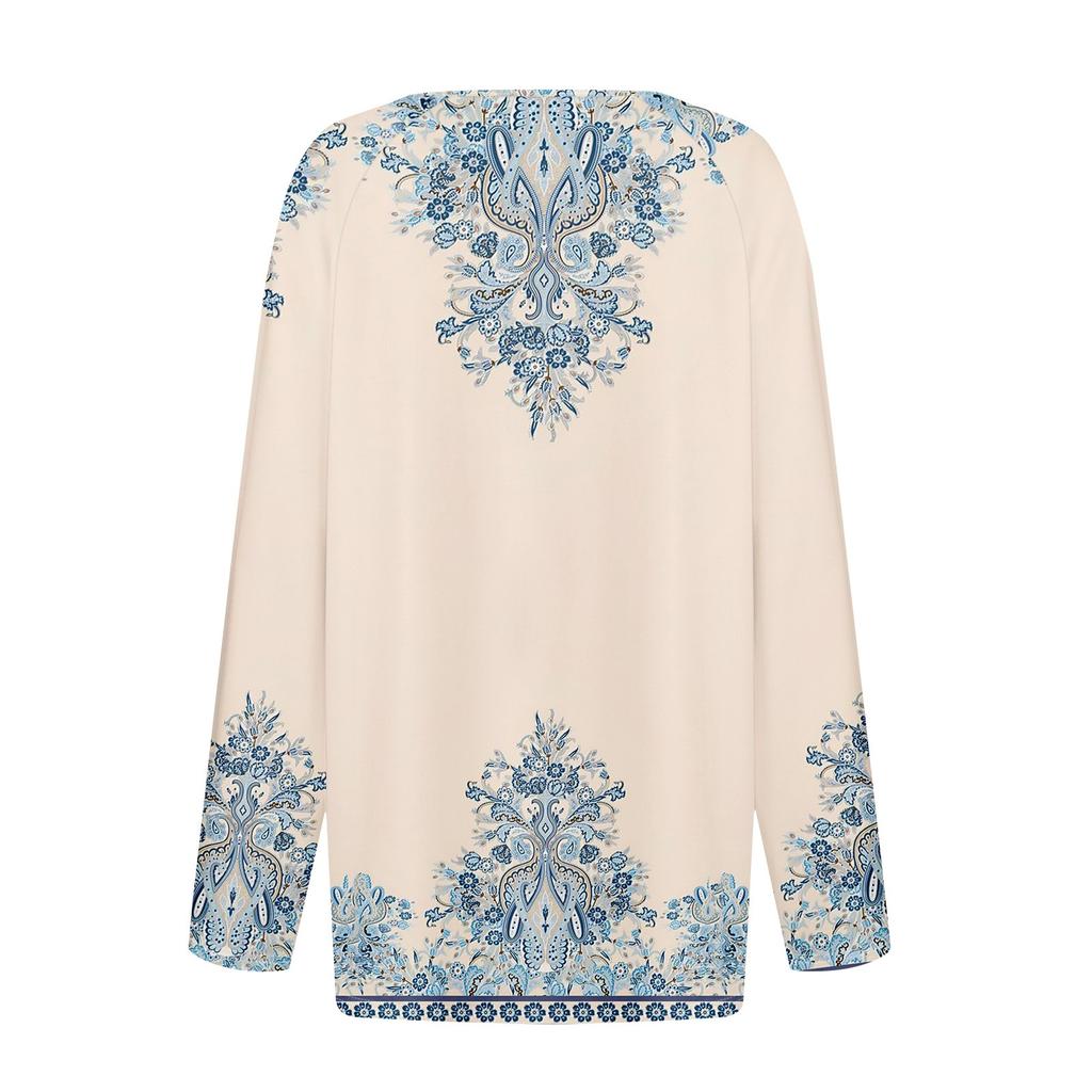 Women's Fashion Casual Printed V-neck Long Sleeve Button Up T-shirt Top