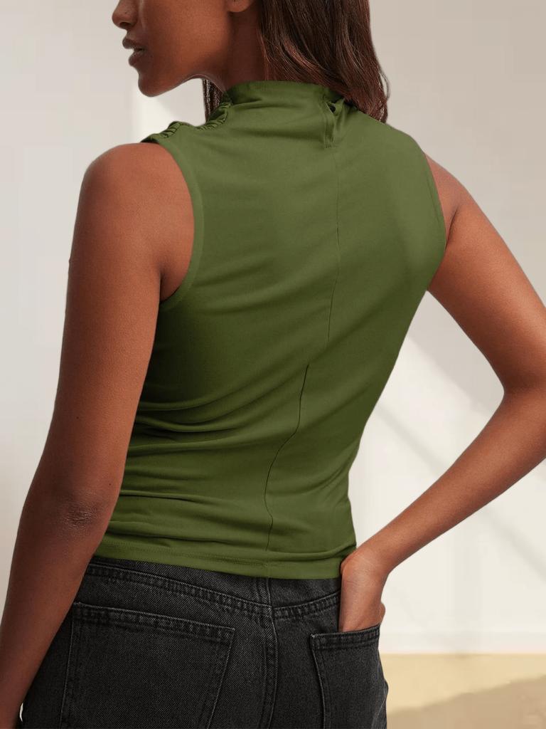 Women's Mock Neck Sleeveless Tank Top Slim Fitted Ruched Draped Top