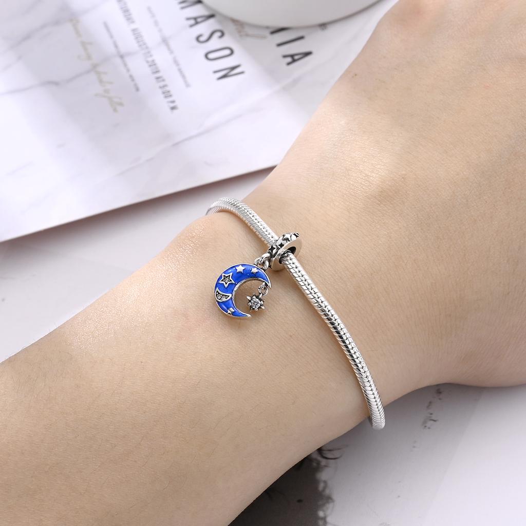 Charms Original Copper Blue Moon Star Pendant Beads Fit Bracelet Diy Fine Gift Women Delicate Jewelry Accessory