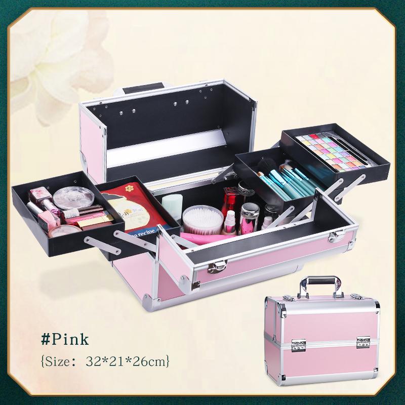 Professional Large Makeup Train Case 4 Trays Cosmetic Cases, Large Makeup Storage Organizer Box with Lock Aluminum Frame
