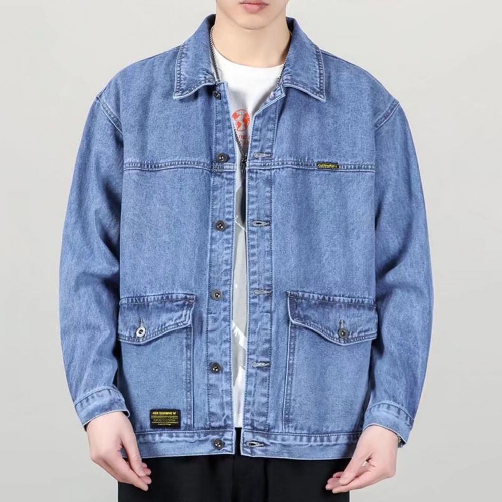 Versatile Denim Jacket Stylish Men's Denim Jacket with Lapel Collar Long Sleeves Large Pockets Fashionable Spring Autumn for Men