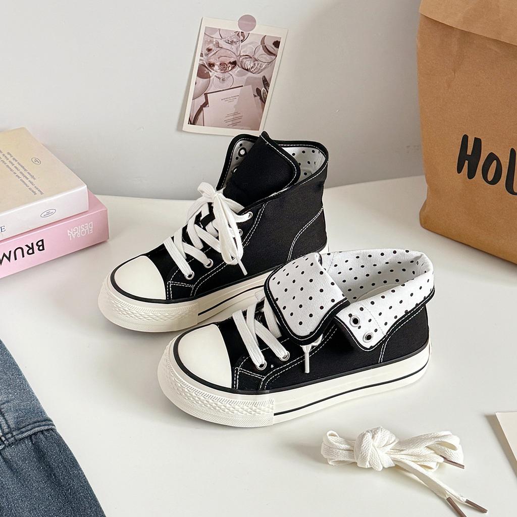 Women's High Top Platform Canvas Sneakers Polka Dot Foldable Collar Lace Up Breathable Korean Style Casual Shoes Fall