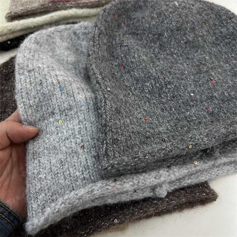 

Fashion glitter wool cold hat autumn and winter knitted wool hat headgear hat showing face small pile hat hat M（56-58cm） темно-коричневого кольору