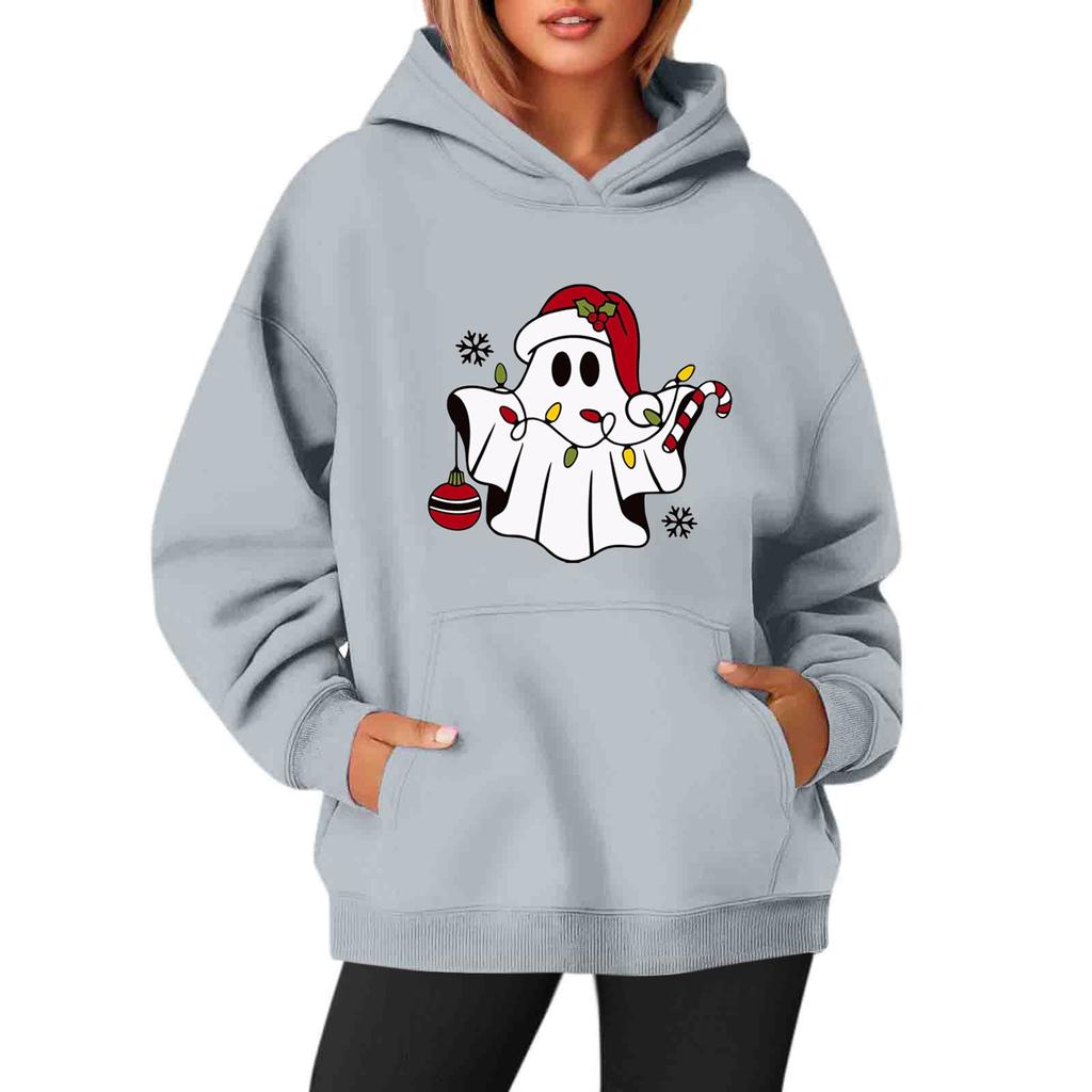 Women's Sweatshirts O-neck Long Sleeve Christmas Printed Top Solid Color Hoodie