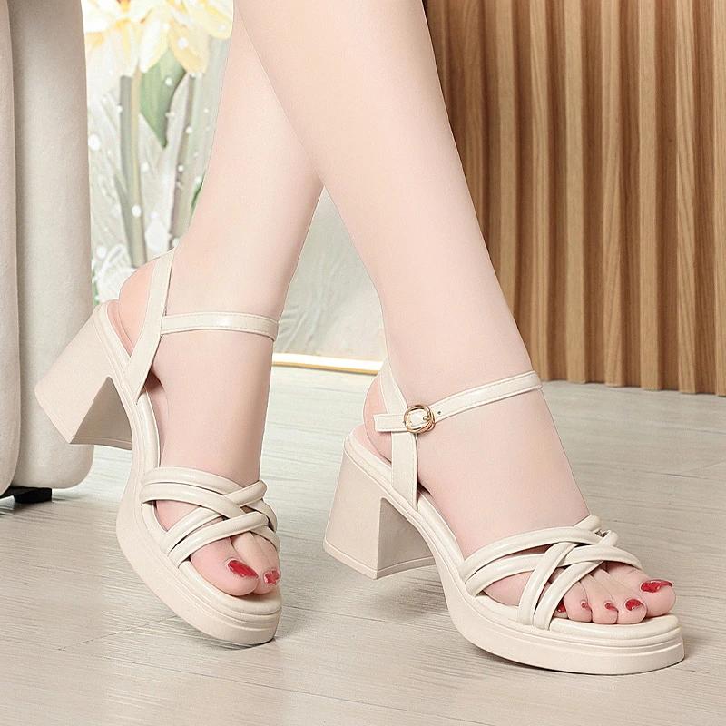 Thick-Soled High Heel Sandals for Women In Summer New Style Women's Shoes One-Linered Strap Fashionable Thick Heel Roman Sandals