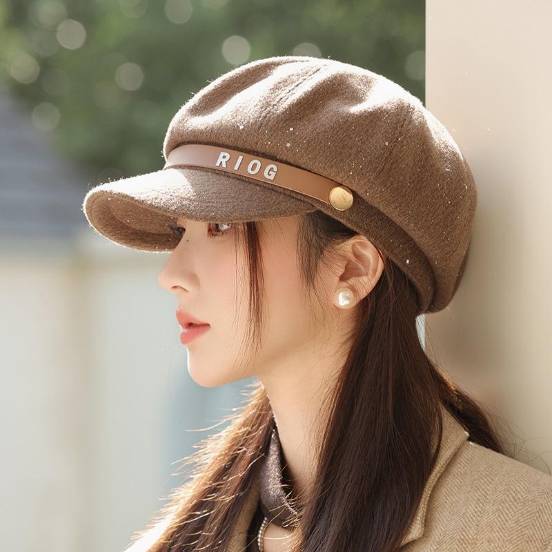 Autumn hat women's big head circumference showing face small octagonal hat retro newsboy hat versatile painter hat