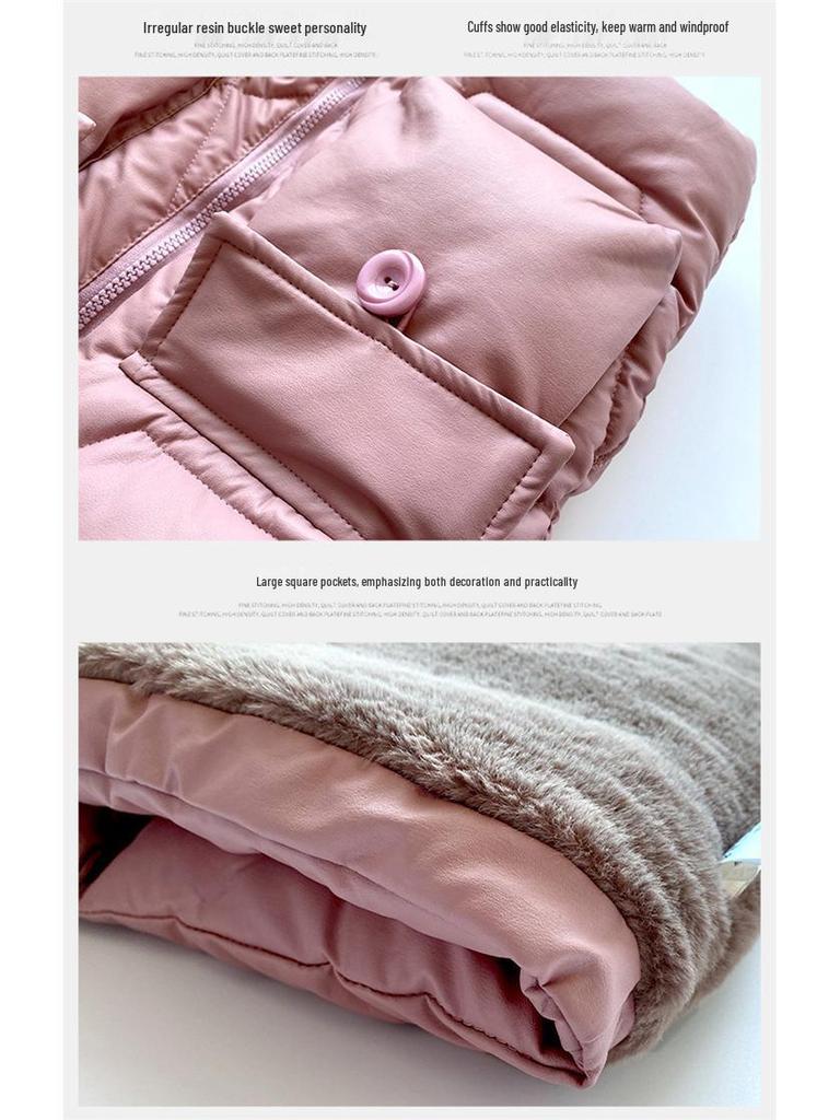 Winterlicher Mädchen-Baumwollmantel mit Kapuze im koreanischen Stil mit Fleecefutter - Mittellange und warme Jacke