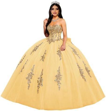 Gold Lace Applique Adult Dress Fluffy Strapless Tube Top Tulle Ball Dress Glitter Princess Dress Dress