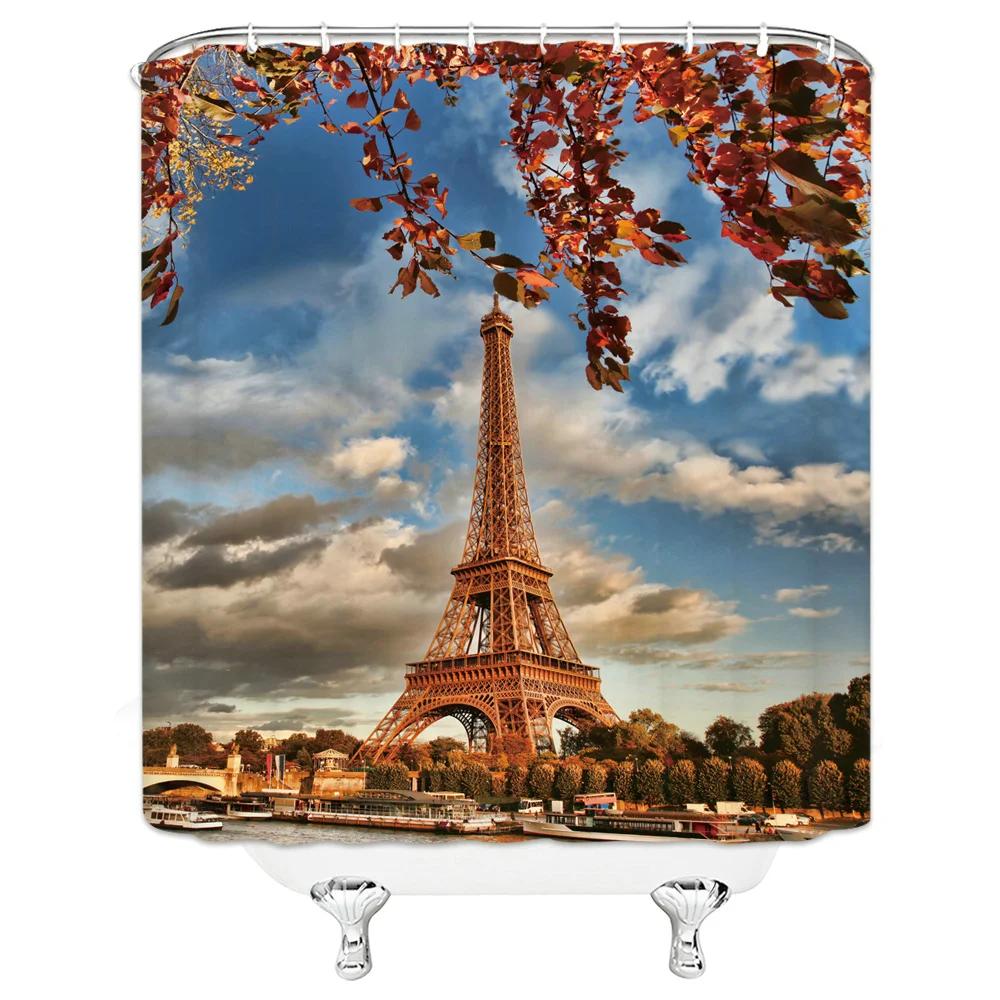 Eiffel Tower Paris Scenery Shower Curtain Vintage Scenery Cherry Blossom Butterfly Polyester Fabric Bath Curtains Bathroom Decor