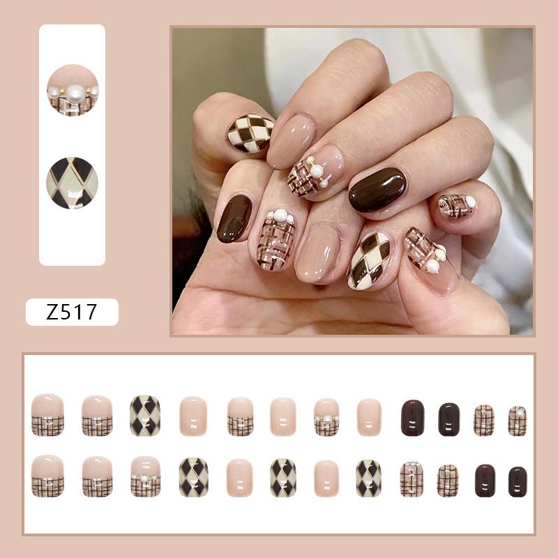 Artificial Nails Sweater Plaid Wear Nails Japanese Ins Style Temperament Nail Art Caramel Diamond Plaid Fashion Whitening Nail Art