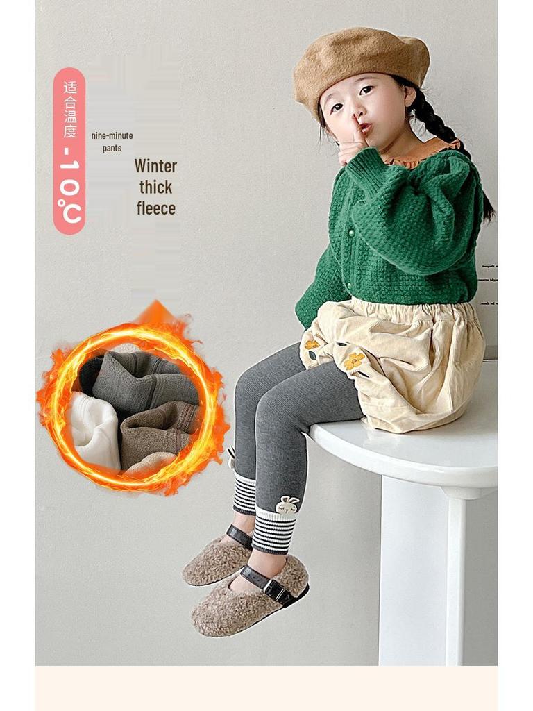 Girls' Velvet-Lined Fleece Leggings - Medium-Thick, Striped Rabbit Design for Winter