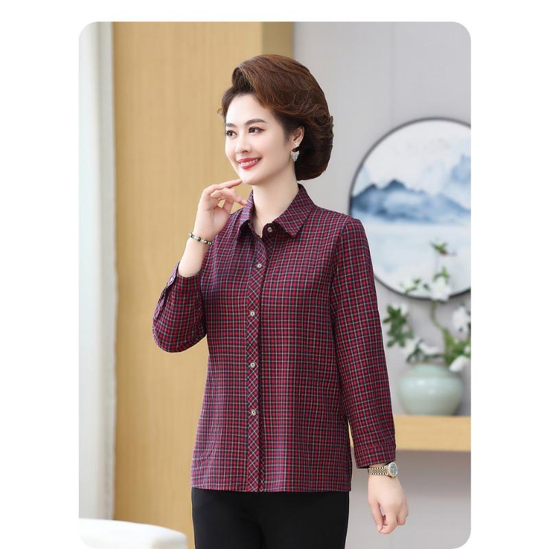 Middle-aged and Elderly Women's Spring and Autumn Tops Cotton Long-sleeved Shirts Women's Cotton Plaid Shirts