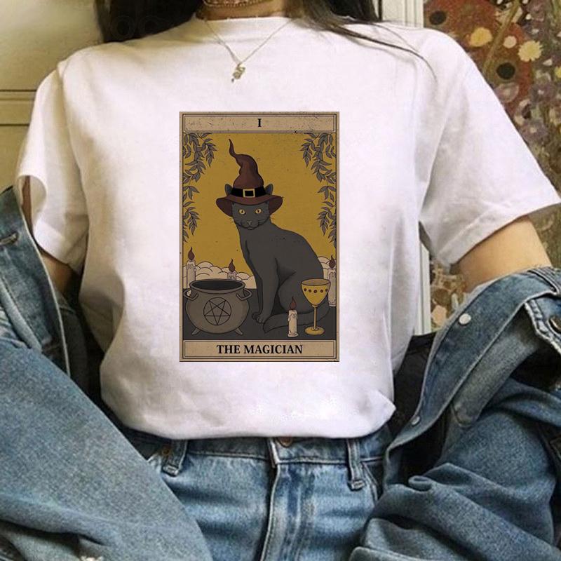 Fashion Women Tarot Cat Print Tshirts Funny Clothing Cartoon Womens Female Graphic T Shirt Cute TShirt Casual Tee Shirt Tees