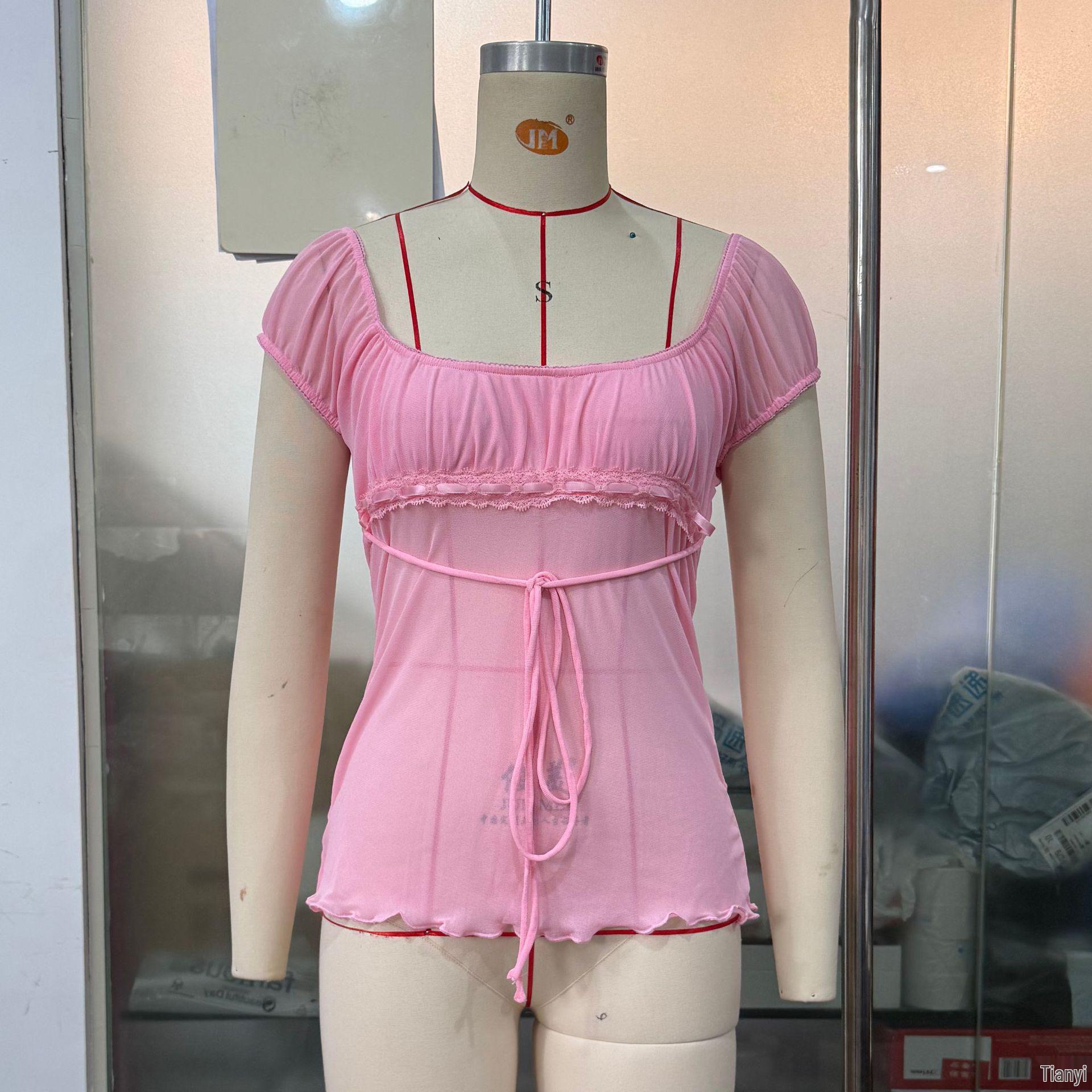 

Женская блузка из сетчатого кружева: Сексуальный пуловер с поясом-бабочкой на талии (SU2758) S