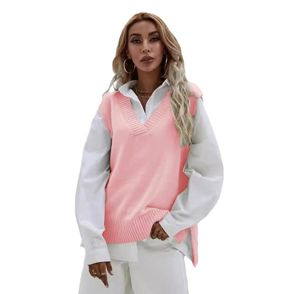 Dámská přiléhavá bezrukávová vesta se svetrovým úpletem s výstřihem do V - Nový jarní pletený top
