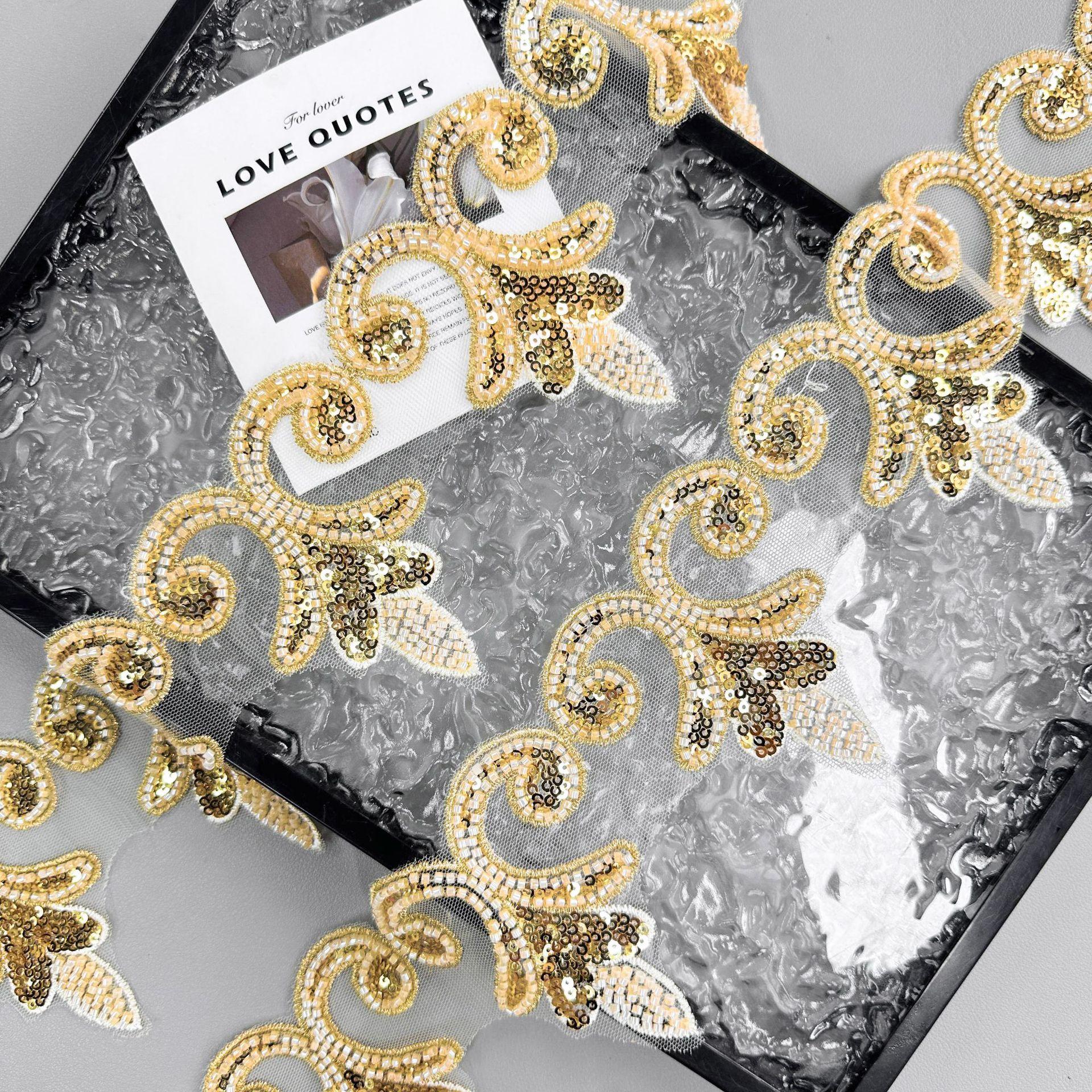 

8,5 см Тяжелая промышленность Золотые бусины Пайетки Штрих-код Сетка Декоративная одежда Платье Платье Аксессуары Кружевные аксессуары TW142 gold size