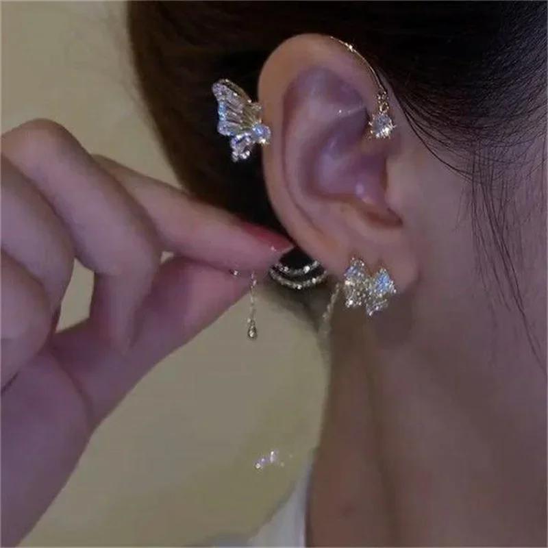 Vintage Classic Gold Silver Metal Butterfly Wings Swallow Earclip Exquisite Thornless Women's Shining Zircon Earrings Jewelry
